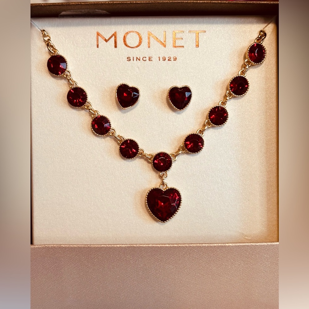 Monet Ruby Red Necklace and Earrings Set-New in Box